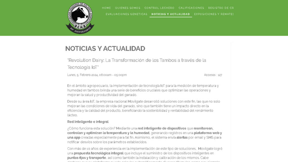 Los servicios IoT para tambos que ofrece Movilgate han sido presentados en el sitio web de la Asociación de Criadores Holando Argentina