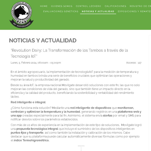 Los servicios IoT para tambos que ofrece Movilgate han sido mencionados en el site de la Asociación de Criadores Holando Argentina.
